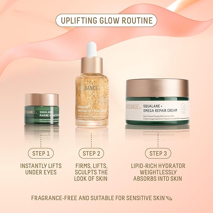 Biossance Uplifting Glow Holiday Set, Firm and Lift Serum, Marine Algae Eye Cream, Omega Repair Cream ($112 value), 1 Set