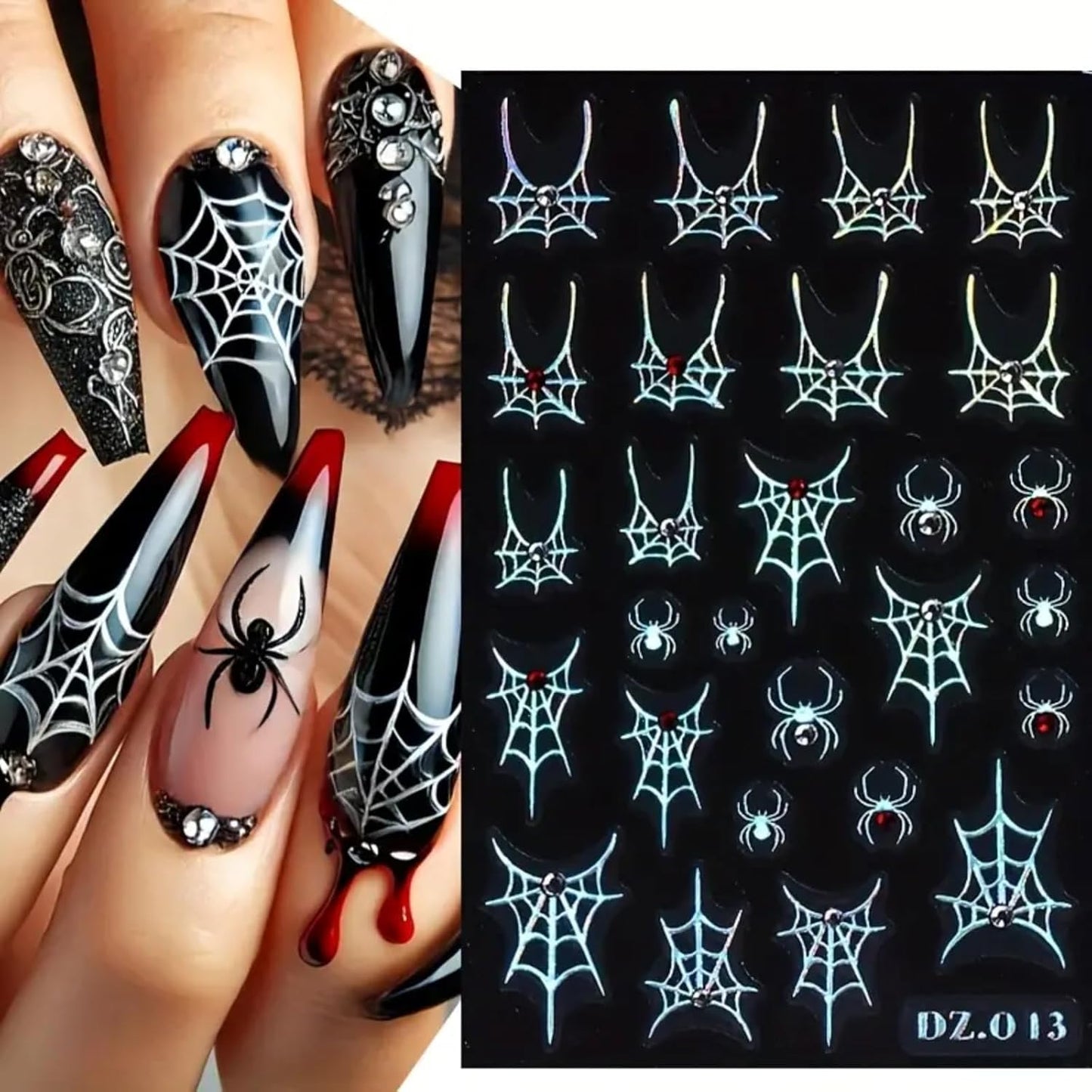 Halloween Nail Art Stickers Decals 4PCS Laser Silver Spider Web Spider Nail Decals with Rhinestone Spider Web Bow Heart Spider Nail Art Supplies Cute Nail Stickers for Women Halloween Manicure Decor