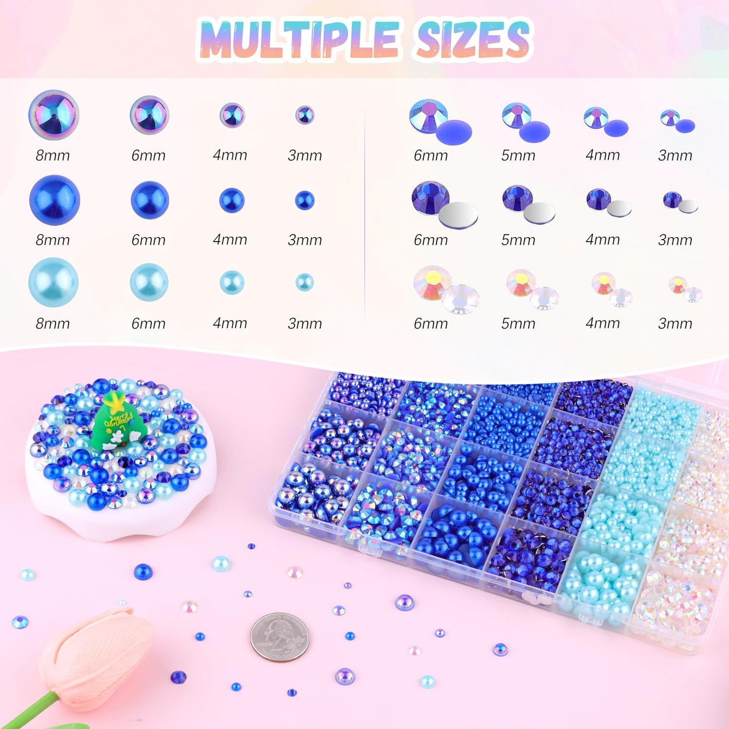 9000Pcs Flatback Pearls and Rhinestones for Bedazzling, Blue Series Mixed Size 3-8mm Resin Rhinestones and Half Pearls for Crafting, Nail Art and Grad Cap Decoration with 3pcs B7000 Jewelry Glue