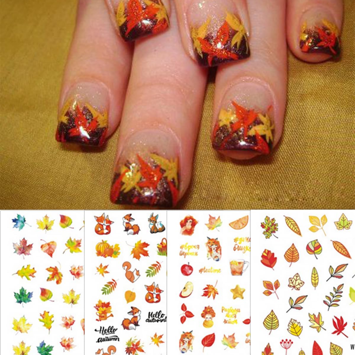 8 Sheets Fall Nail Art Stickers 3D Self-Adhesive Maple Leaf Fox and Apple Design Nail Sticker Thanksgiving Nail Decals Autumn Acrylic Nail Art Decoration Fall Nail Art Decoration for DIY French Nail