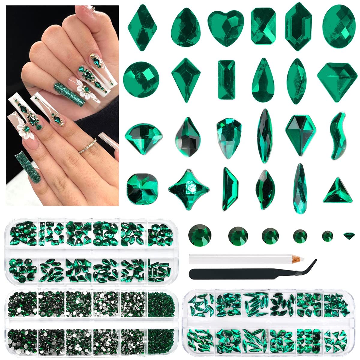 3 Boxes Emerald Green Nail Rhinestones 240 Multi-Shapes Big Gems Dark Green Flatback Round Beads K9 Glass Crystals Stones Nail Art Charms for Nails Face Eyes Makeup DIY Crafts Tumblers Bottles