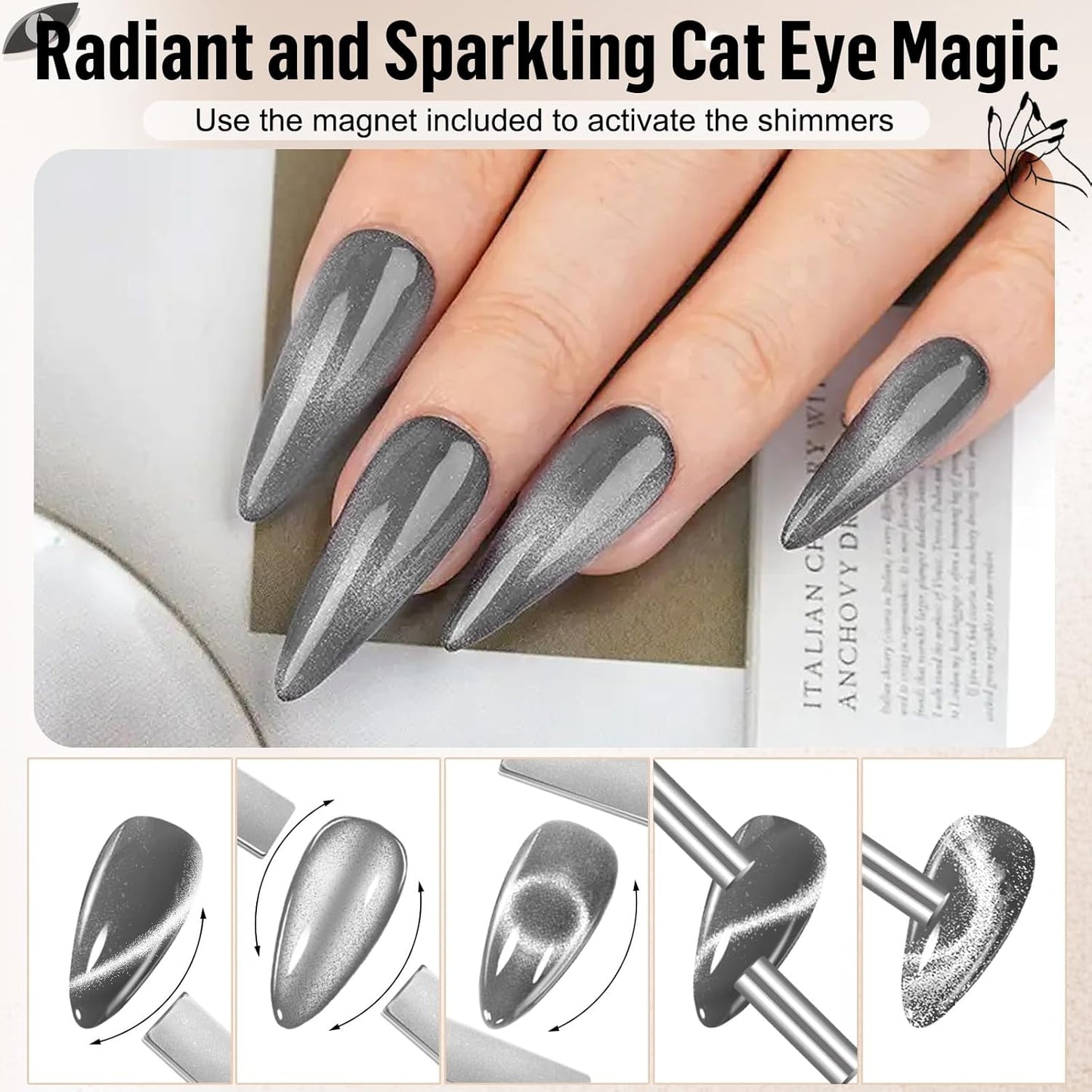 EBANKU Poly Gel 60g, Silver Cat Eye Builder Nail Extension Enhancement Gel for Beginner & Professional Nail Art Salon DIY at Home