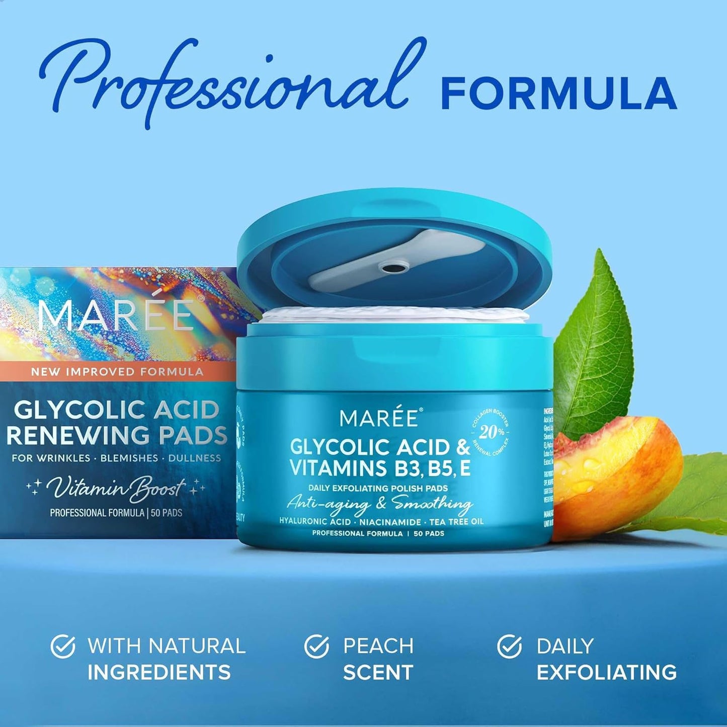 MAREE Glycolic Acid Pads - Toner Pads for Face Cleansing - Exfoliating Pad with Tea Tree Oil, Salicylic Acid & Vitamins E, B3, B5 - Facial Polishes & Peels, Skin Pore Resurfacing & Radiance - 50 Count