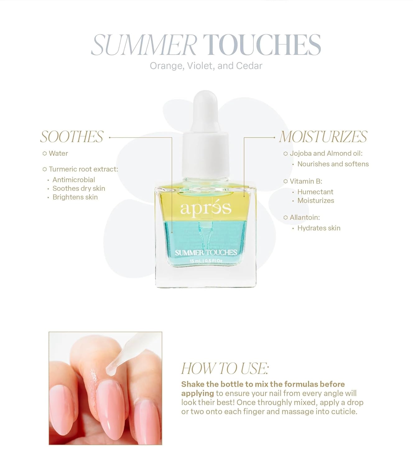 Apres Light & Shadow Cuticle Serum, Nourishing Blend of Almond and Jojoba Oil, Vitamin B and Turmeric, Cuticle Repair Oil 15 mL (15 ml, Summer Touches (Orange, Violet, and Cedar))