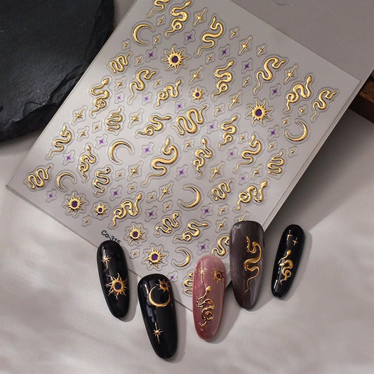 Gold Snake Nail Art Stickers 5D Embossed Moon Star Nail Stickers, Self-Adhesive Durable Nail Art Decals for Women Girls, Nail Wraps Decoration Manicure for DIY Acrylic Nail Accessories
