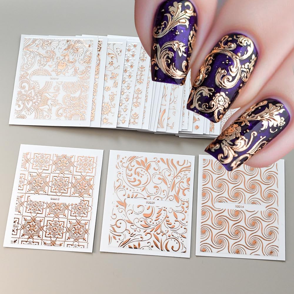 30 Sheets Rose Gold Lace Line Nail Stickers 3D Self Adhesive Nail Art Charms Sticker Decals for Crafts Supplies Accessories (ST-RG)