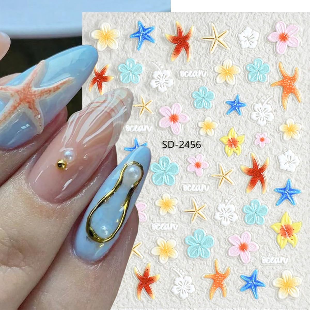 3 Sheets 5D Embossed Flower Nail Art Stickers Self Adhesive Summer Nail Decals Beach Starfish Nail Stickers Hawaii Nail Design Sticker Colour Flower Nail Art Supplies for DIY Decoration Supplies