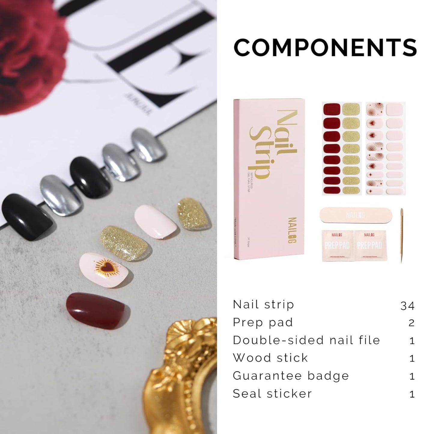 Semi Cured Gel Nail Strips - NAILOG 34 Pcs Red Brown Gold Glitter Nail Stickers Extra Long Wraps with Glossy Gel Finishing for Autumn Winter, My Queen