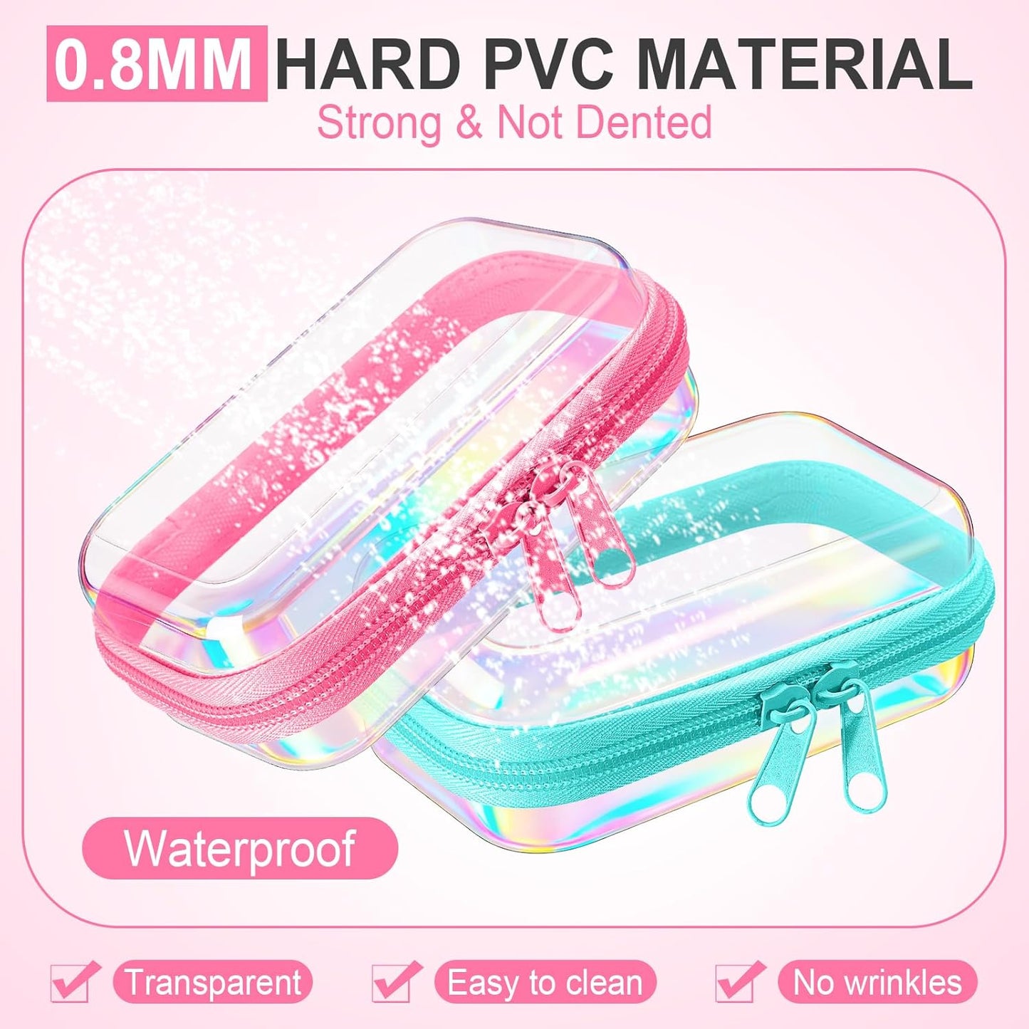 Hoolerry 3 Pcs Clear Hard Zipper Case Plastic Pouch Transparent Hard Case Clear Makeup Bag Portable Travel Organizer Bin for Cosmetics, Building Blocks, Puzzles(Laser,Xs)