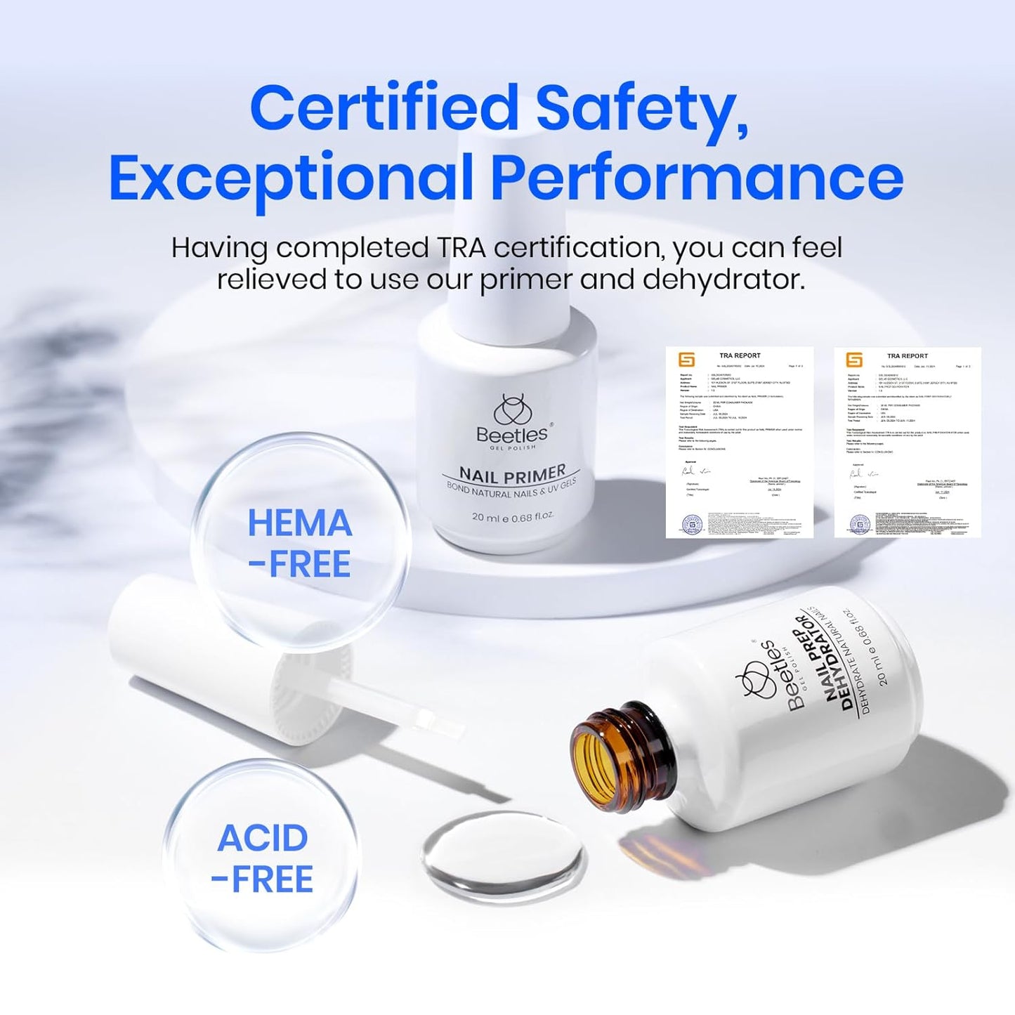 Beetles Nail Dehydrator and Primer, 20ml Large Capacity Acid Free Natural Nail Prep Dehydrate and Primer for UV Gels Superior Bonding Professional Salons Set