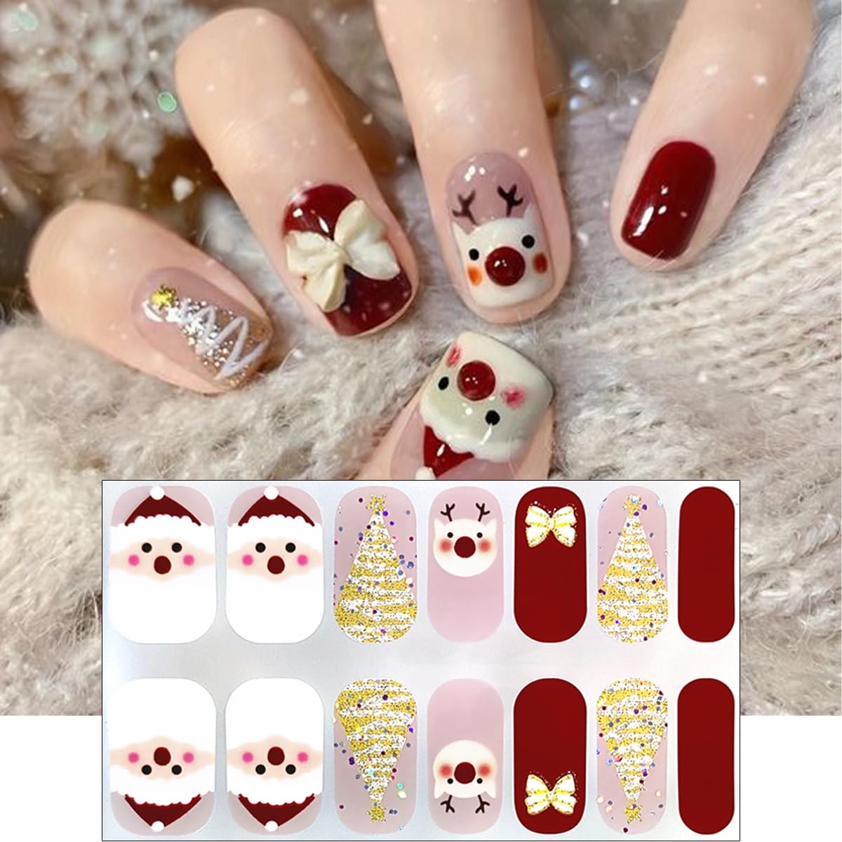 Glitter Christmas Gel Nail Polish Stickers Santa Claus Elk Nail Design Winter Gel Nail Stickers Christmas Trees Snowflake Full Wrap Gel Nail Strips French Christmas Stickers for Women Nail Supplies