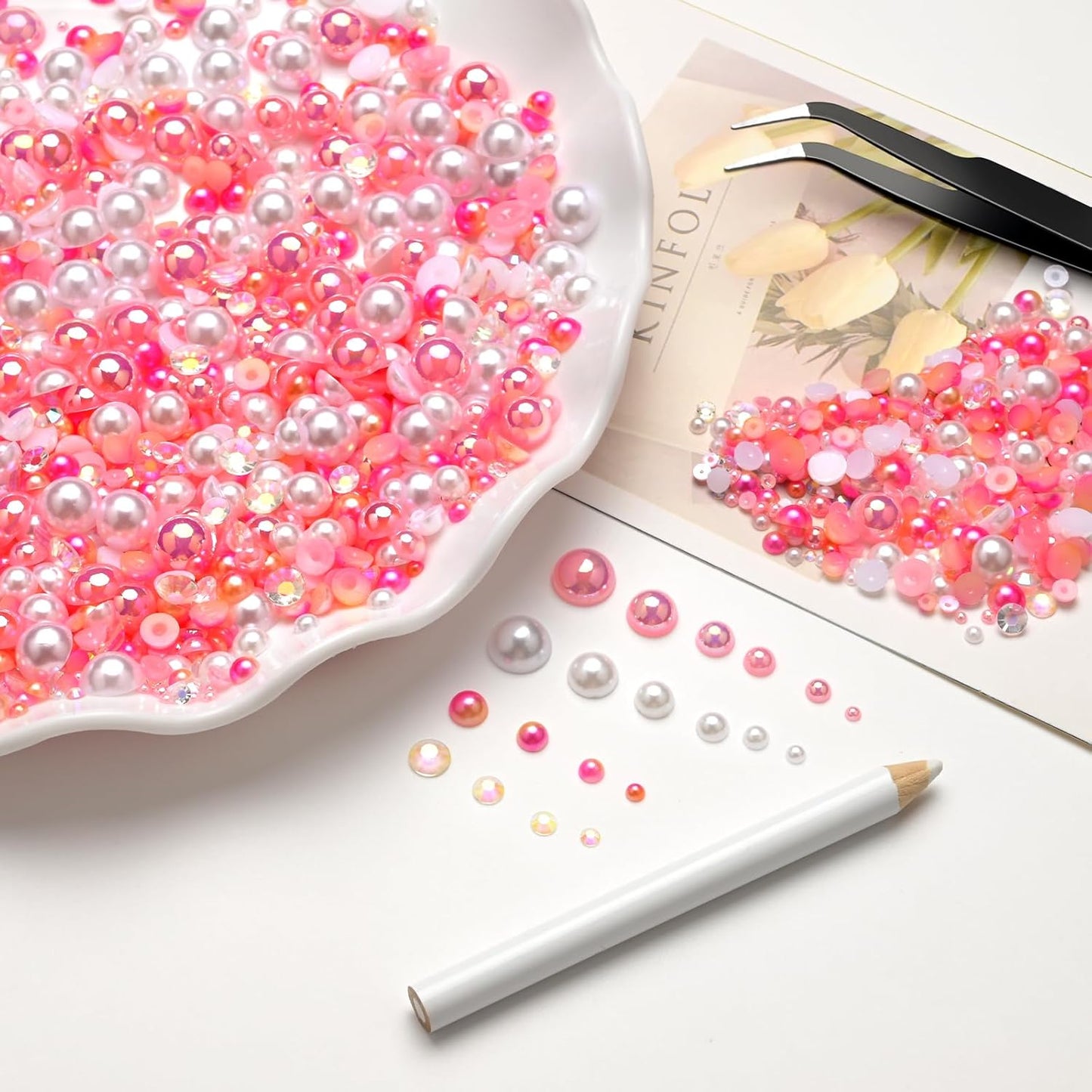 80g Mix Flatback Pearls and Rhinestones for Crafts Pink White Mixed Size 2mm-10mm Half Round Pearls Rhinestones for Nail Art Tumblers Shoes DIY Bedazzling with Tweezers Wax Pen