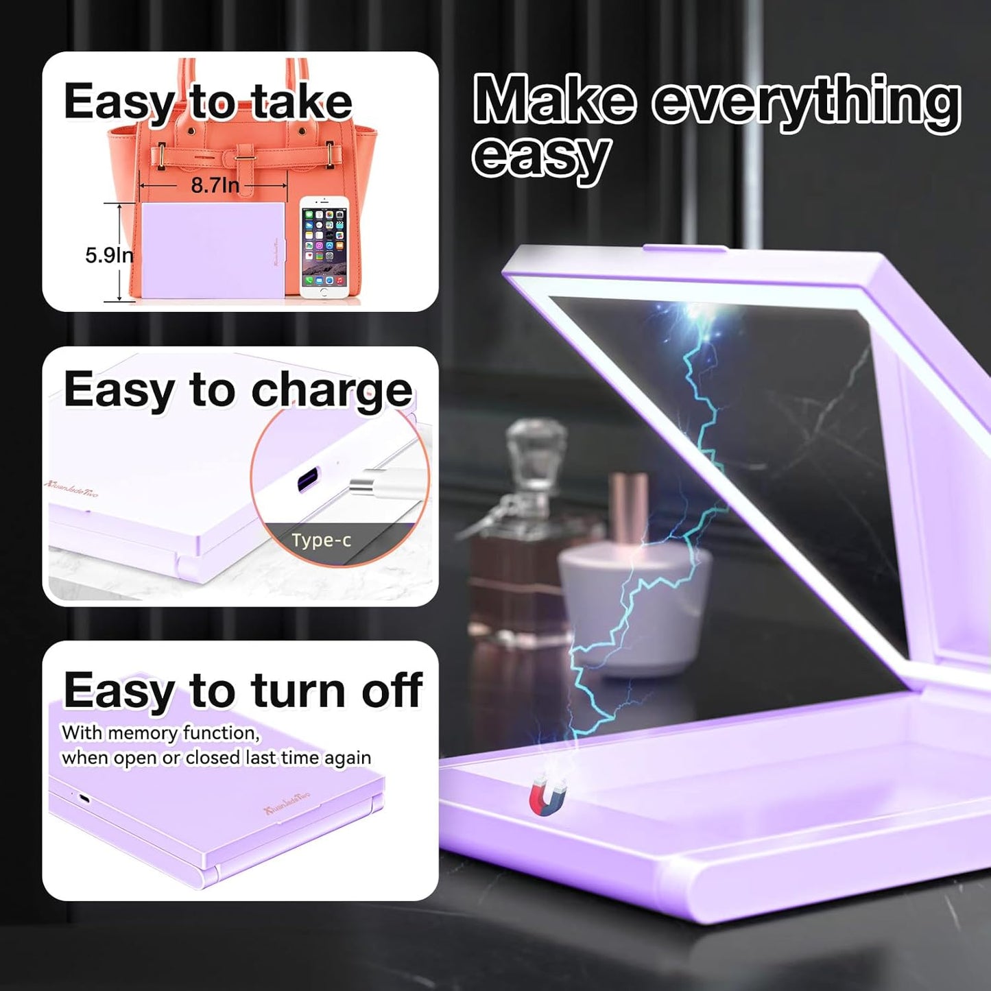 10X Magnifying Lighted Makeup Mirror, Rechargeable, ABS & Glass, Tabletop Mount, 3 Color Lighting, 1200mAh Battery