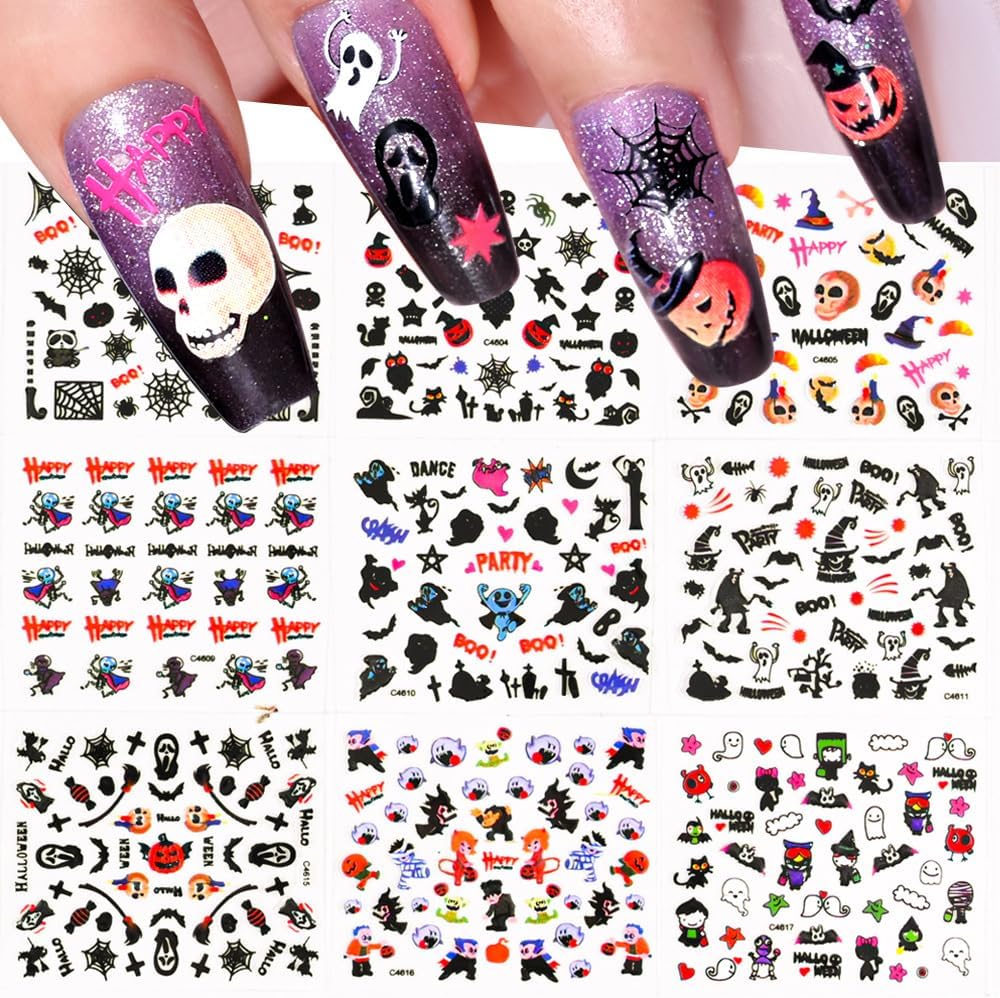 30 Sheets Halloween Nail Stickers Pumpkin Ghost Face Nail Charms Decals 3D Self Adhesive Spider Web Cat Bat Manicure Art Sticker for Acrylic Nails DIY Decorations
