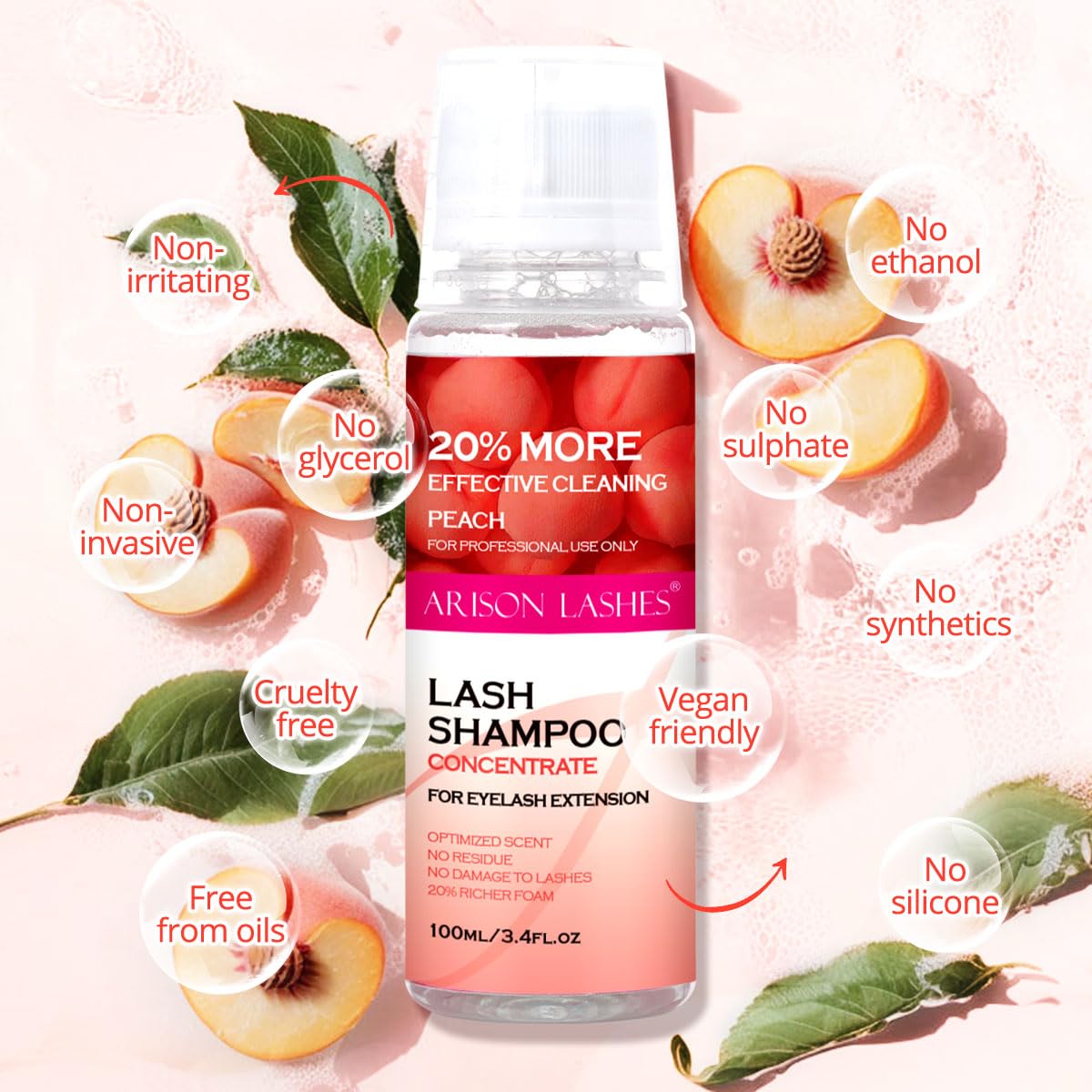 ARISON LASHES Lash Shampoo Concentrate for Lash Extensions 100ML Eyelash Cleanser Concentrate Oil-Free Eyelash Extension Shampoo with Salon Home Care(Peach)
