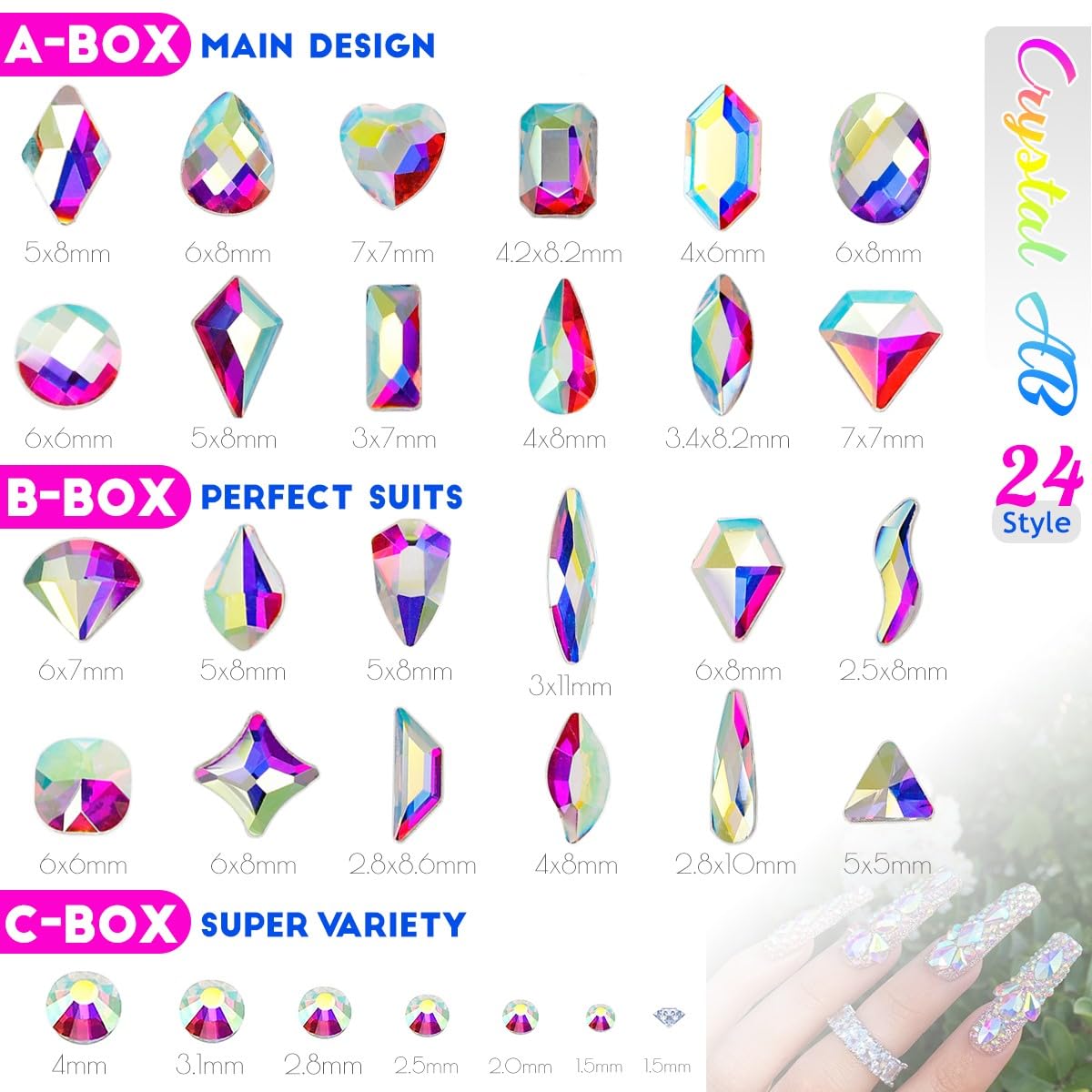 24 Styles AB Crystal Nail Rhinestones Multi Shapes Flatback White AB K9 Glass Gems Round Beads Stones Diamonds Jewels Nail Art Charms Supplies for Nails Face Eyes Makeup Crafts Clothes Tumblers