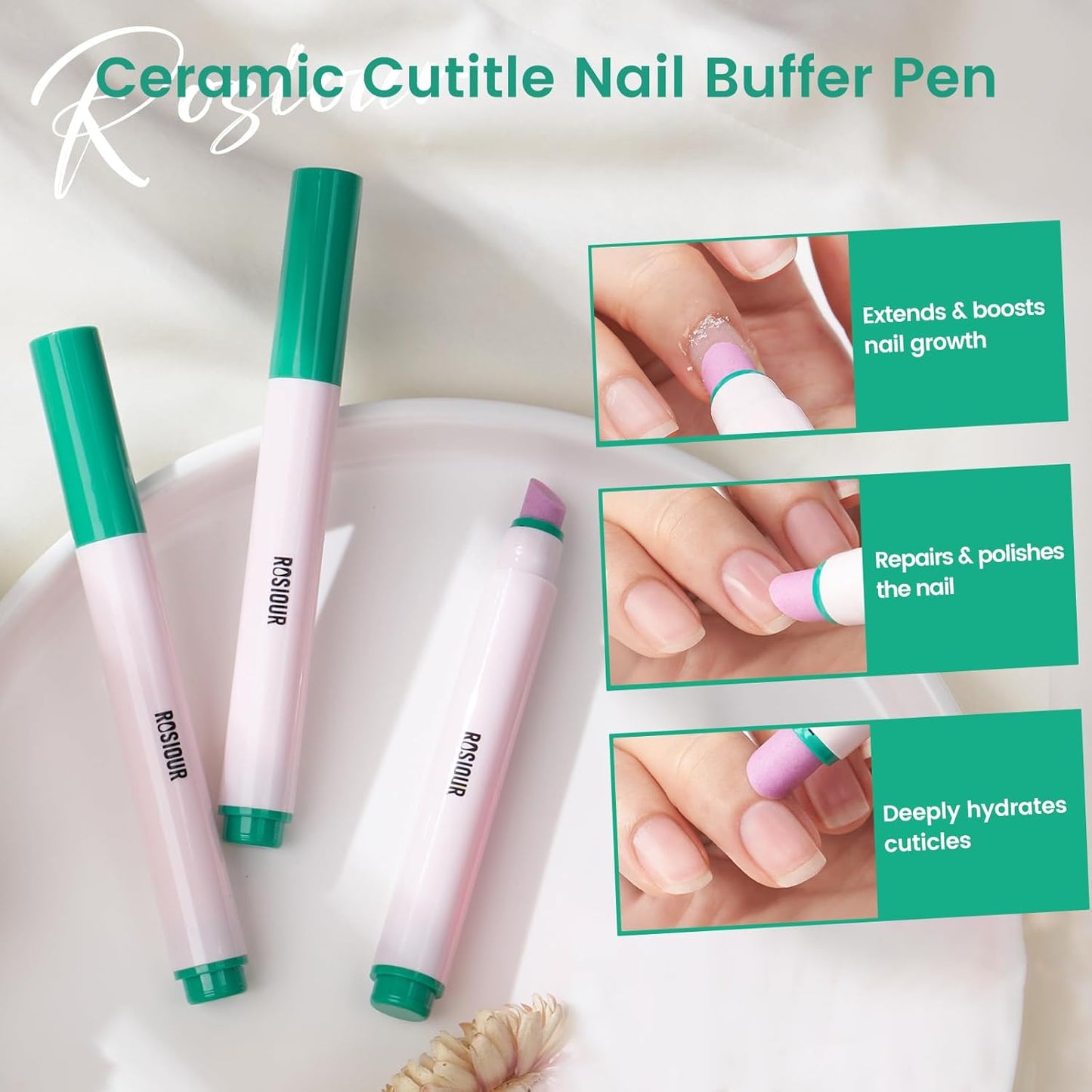 3PCS Ceramic Cuticle Oil Pusher Pen: 3-in-1 Nail Cuticle Buffer Pens for Hangnails, Dry & Damaged Nails, Moisturize Strengthen Brighten Nails Care