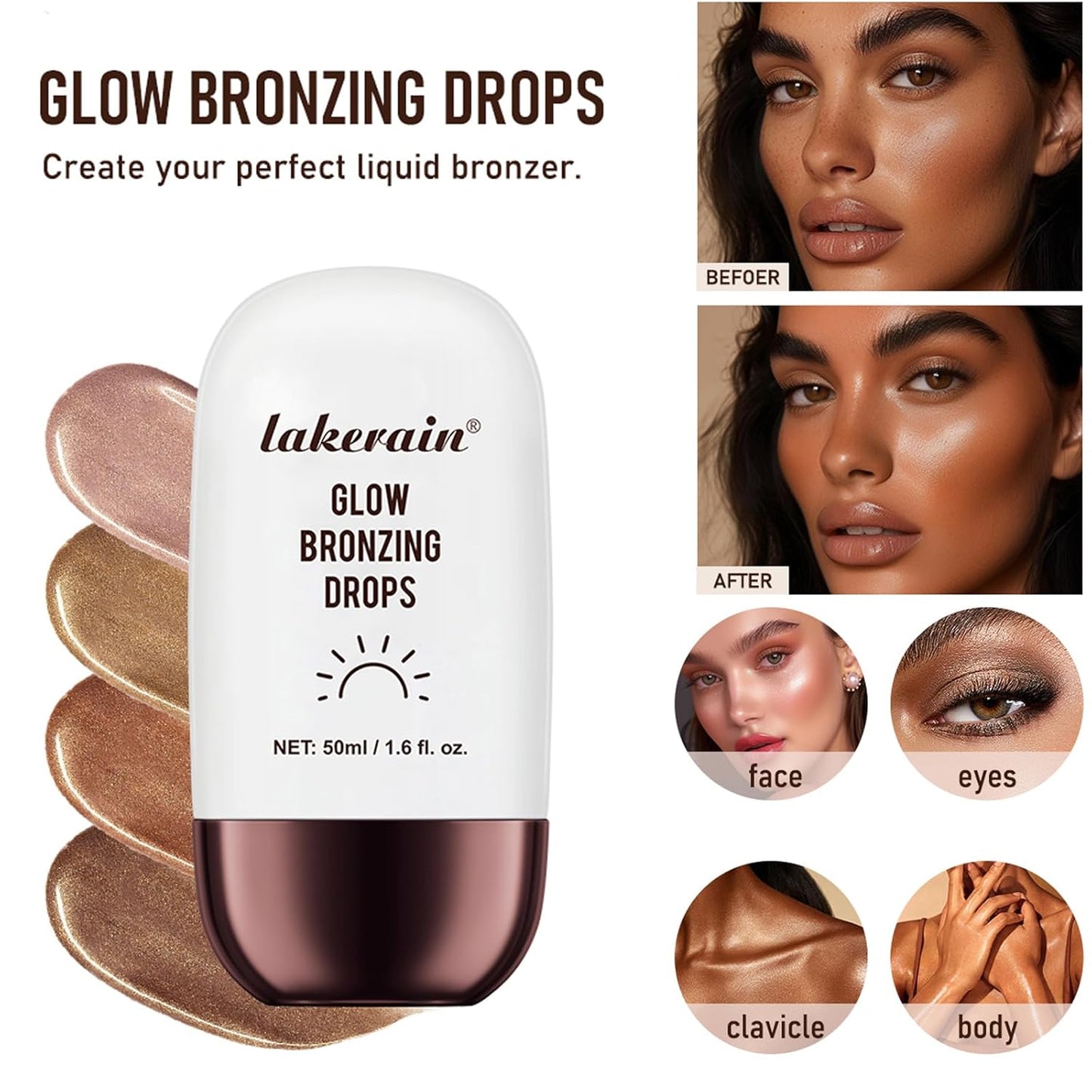 Bronzing Drops For Face, Liquid Bronzer Glow Drops, Face Body Shimmer Glow Illuminator, Nourishing Skincare Bronzer Shimmer Oil, Waterproof Moisturizing Body Highlighter(03 Deep Bronze Glow)
