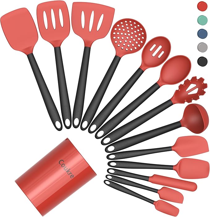 Coukre Silicone Kitchen Cooking Utensils Set with Holder – Heat-Resistant, Food-Grade Kitchen Tools, Spatula, Spoon & Gadgets for Non-Stick Pans, Dishwasher Safe (14, Red)