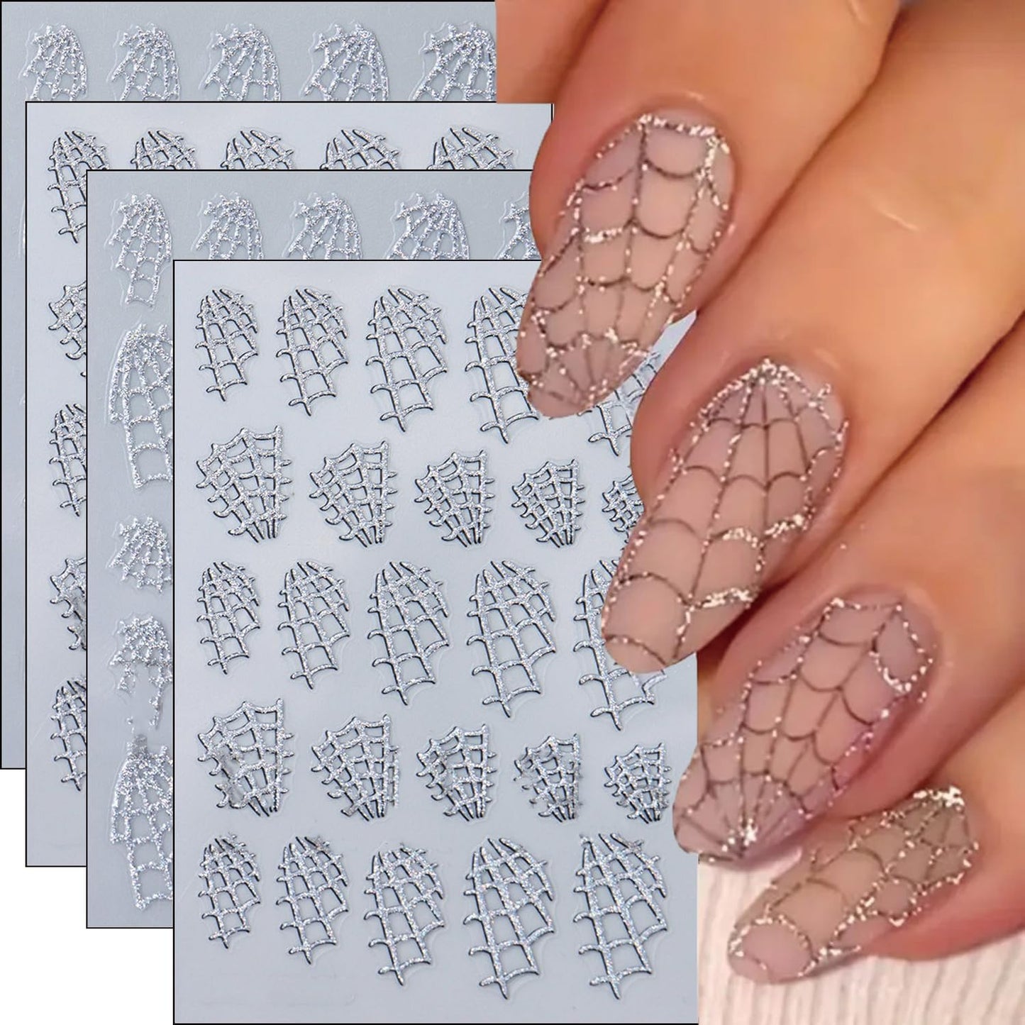 Halloween Nails Stickers Silver Glitter Web Nails Sticker 3D Embossed Glitter Web Self Adhesive Sticker Nail Decals Silver Webs Nail Art Decal Halloween Decals for Nail DIY Manicure 4Sheet