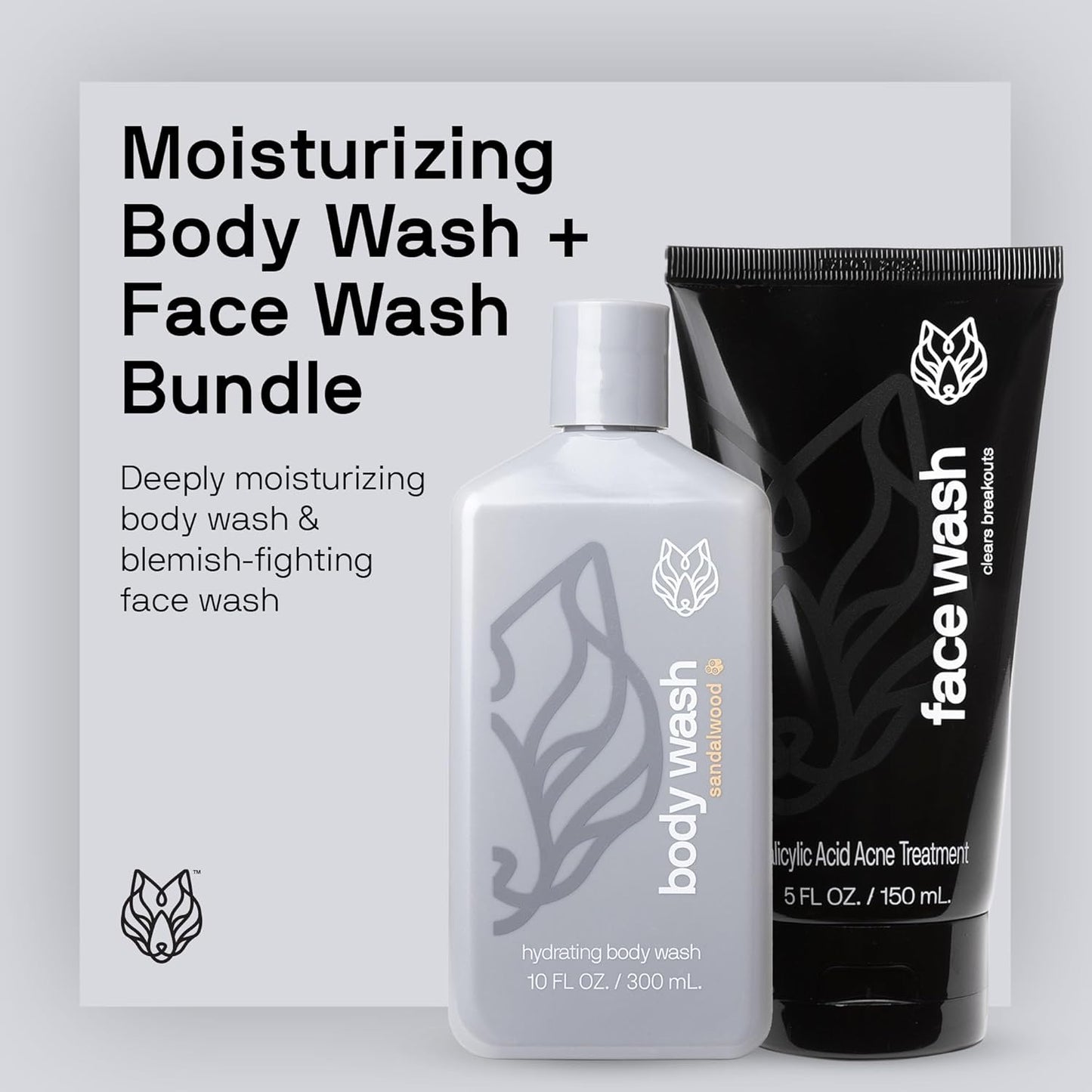 Black Wolf Moisturizing Body Wash & Charcoal Face Wash Set for Men - Daily Grooming & Hygiene Essentials for Mens Skin Care
