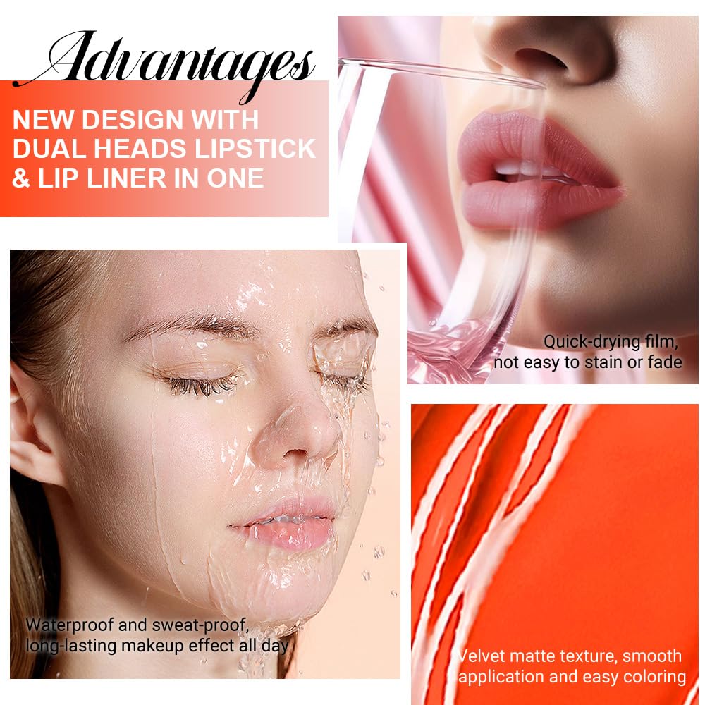 evpct 1Pcs Orange Red Matte Lip Liner & Liquid Lipstick Stain Makeup Set for Women, Orange Red Lip Liner Stain Long Lasting Waterproof Smudge Proof, Cruelty Free Lip Stick Makeup 24 hours originale 54