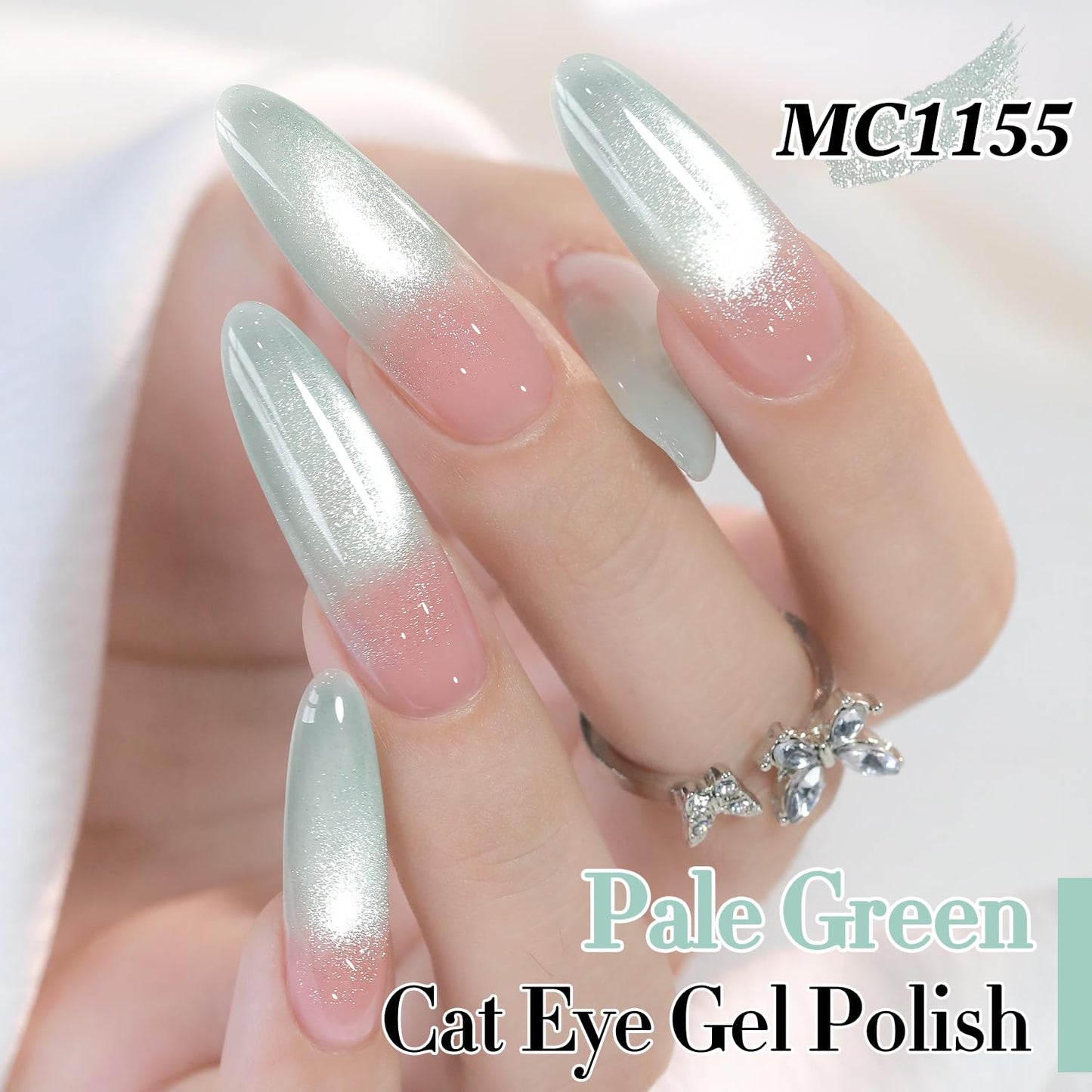 Double Rhythm 0.5 Oz Cat Eye Gel Polish with Magnet Same Color Same Bottle Holographic Glitter Shimmer Translucent Color Salon 15 ML Magnetic Nail Art (Light Green-MC1155)