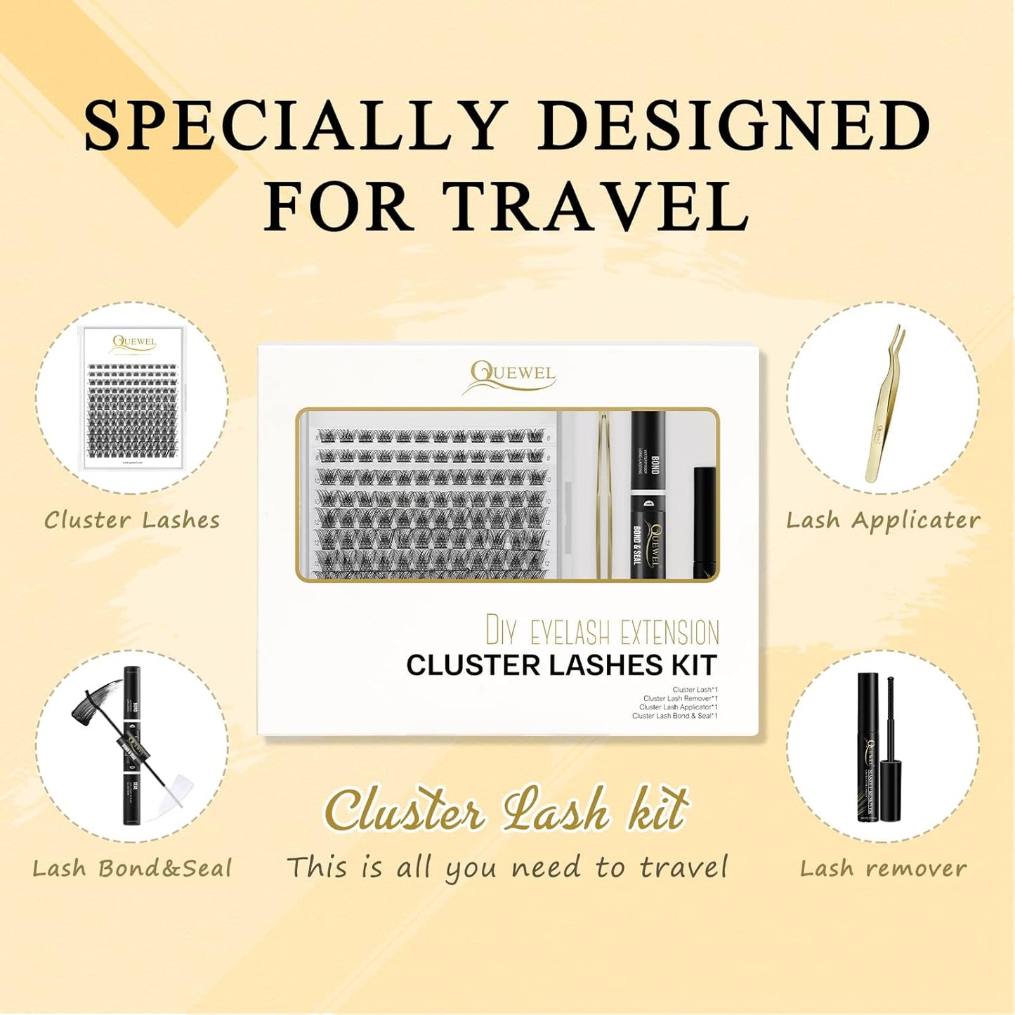 QUEWEL DIY Eyelash Extensions Kit, 144 Pcs Lash Clusters, Cluster Eyelashes Applicator Tool, Super Hold Cluster Lashes Bond and Seal, Clusters Lash Glue Remover Easy to Use at Home(QU-H-DH-02)