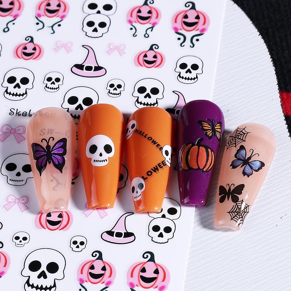 Halloween Nail Art Stickers Ghost Nail Decals 3D Horror Ghost Skull Spider Web Bat Pumpkin Butterfly Self-Adhesive Decals Designs Halloween Nail Supplies for Women Manicure Holiday Decorations 6Sheets