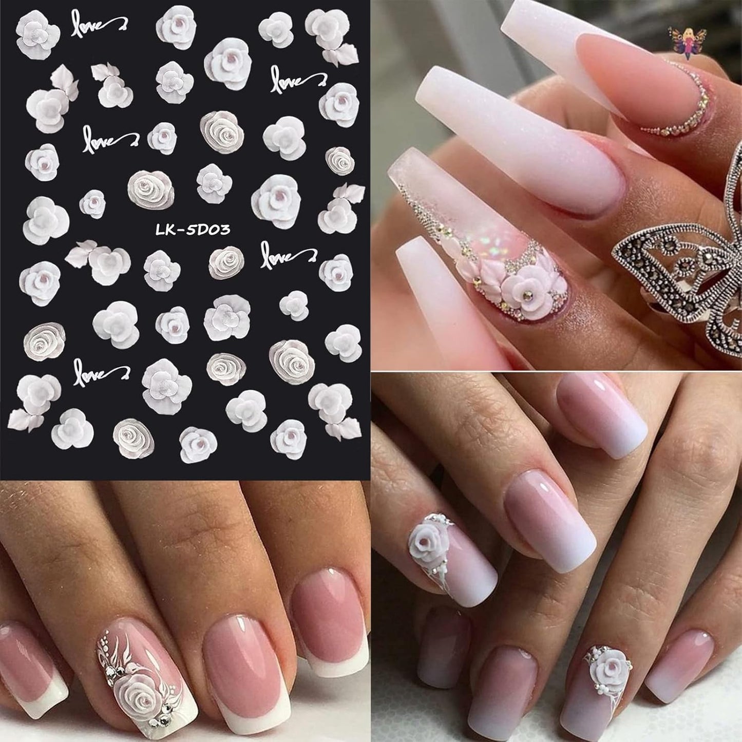 6 Sheets Flower Nail Stickers for Nail Art 5D Embossed Engraved Nails Decals 3D Spring Summer Supplies Accessories Self-Adhesive Nails DIY Design Decoration for Women and Girls