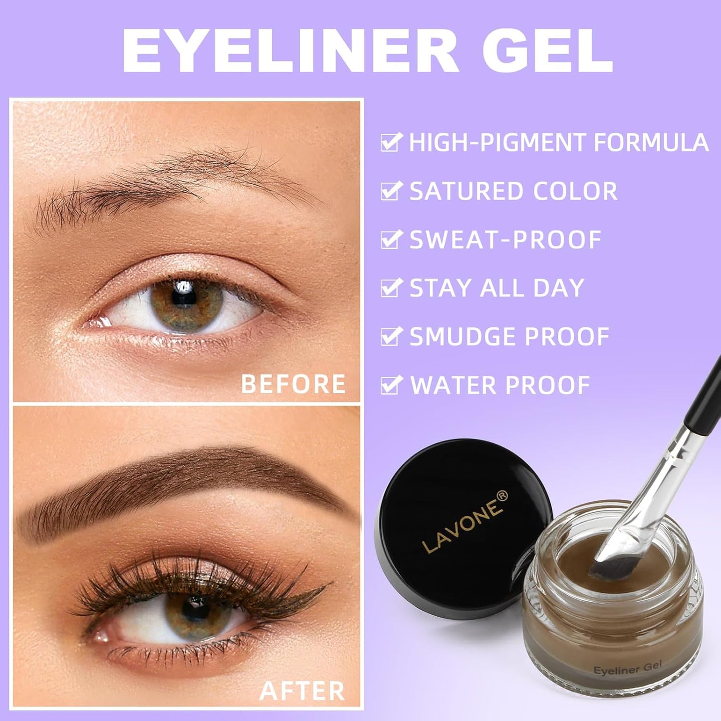 LAVONE Eyeliner Set - Waterproof Makeup Kit with Liquid Eye Liner Pencil, Gel Eyeliner and Angled Eye Liner Brush, Waterproof, Smudge Resistant, Long Lasting Formula - Soft Brown