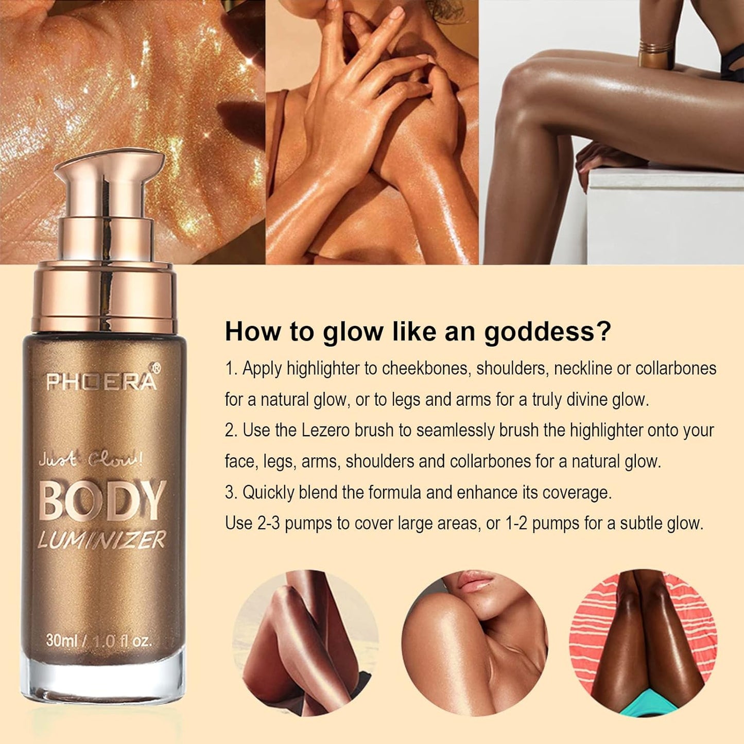 Body Shimmer Oil, Waterproof Long Lasting Moisturizing Body Luminizer Glow For Face , Liquid Illuminator Highlighter 1oz/Jars, Makeup Brush Include (Glistening Bronze #03)