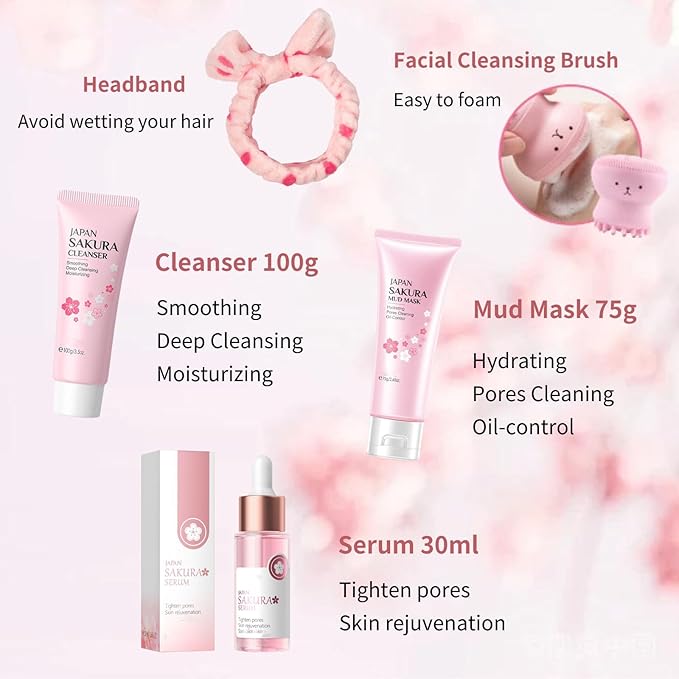 Japan Sakura Skincare Set Women Gifts - 8 Pcs Teenage Skin Care Set - Skin Care for Teens 10-12 - Skincare for Girls 10-12 - Teen Skin Care Kit with Face Mask,Cleanser,Cream,Headband