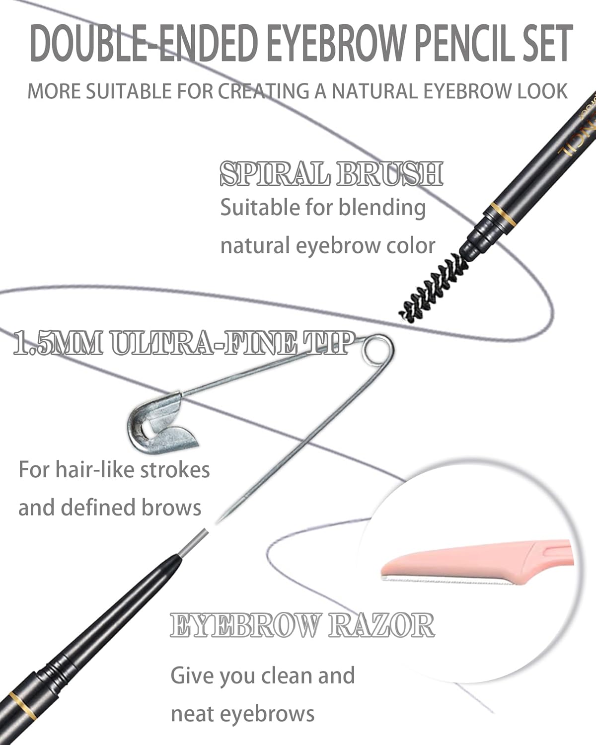 Gray Eye Brow Pencils for Women, 6Pcs Waterproof Eyebrow Pencil, 1.5mm Micro-Fine Tip & Spiral Brush with Brow Razors Perfect for Creating a Natural and Delicate Eyebrow Look Makeup