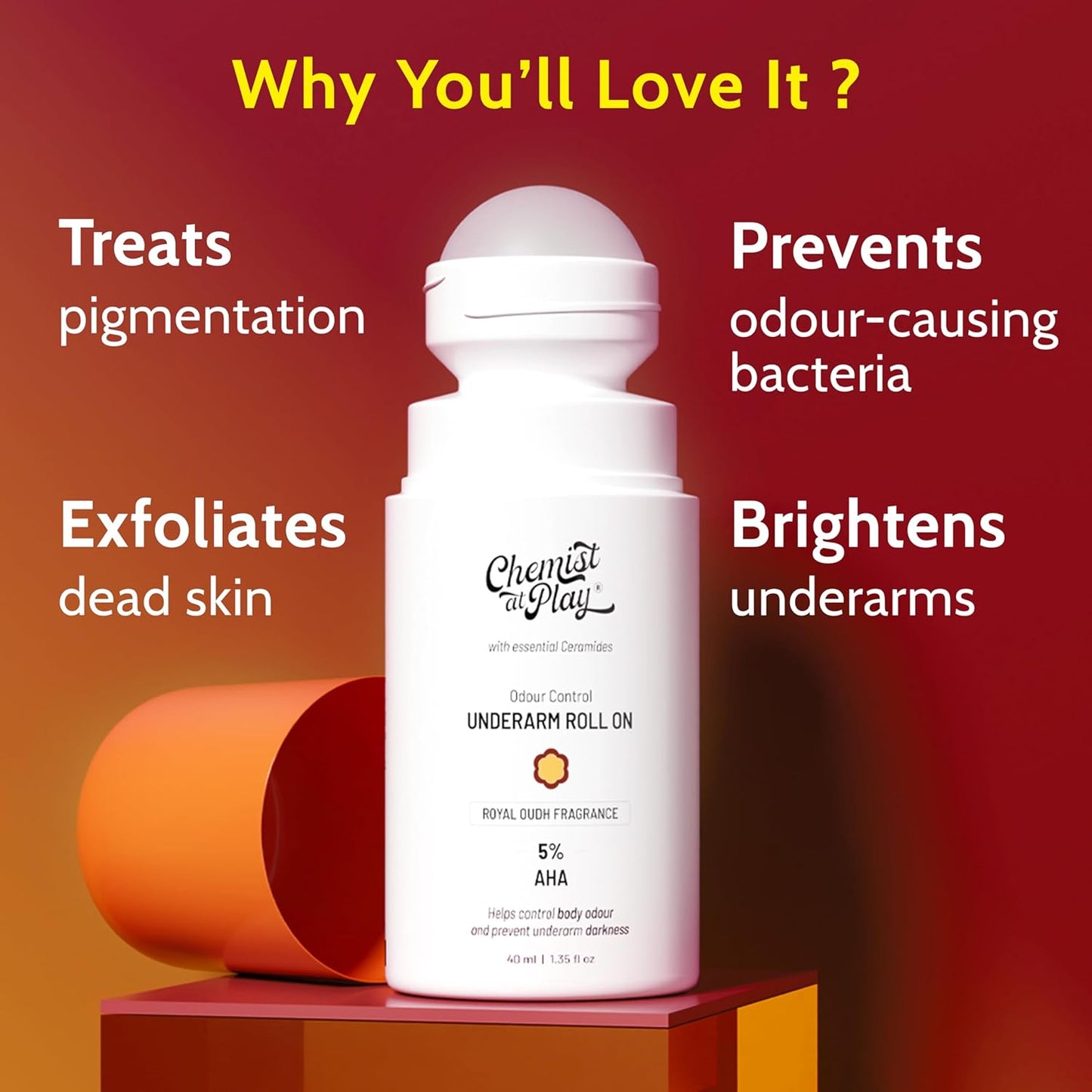 UnderArm Roll-On with 5% AHA| Lactic & Mandelic Acid|Prevents Odour, Brightens Skin & Exfoliates Underarm| For Sensitive Skin|Royal Oudh Fragrance | Alcohol & Aluminium Free|1.35 fl oz