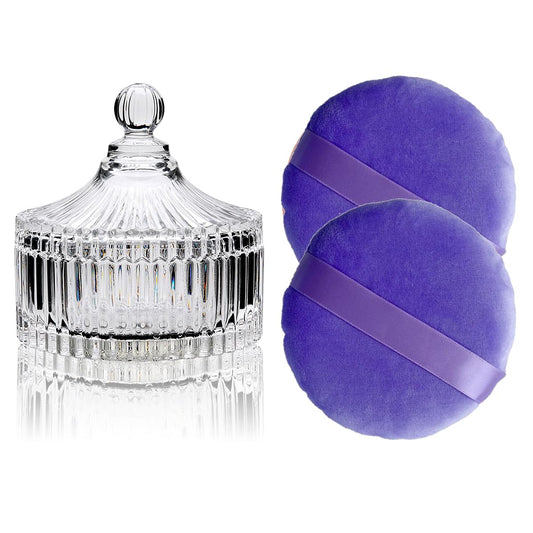 2 Pack Extra Large 5.2" Purple Powder Puffs and 5.3" Glass Container – Oversized Dusting Powder Jar with Puff Powder Holder Case(Clear Glass)
