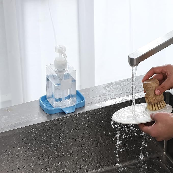 Silicone Bathroom Soap Dishes with Drain Spout-Bathroom and Kitchen Sink Organizer,Sponge Holder,Dish Soap Tray,Perfect for Dispenser,Scrubber,Bottle on Sink or Counter-Light Blue 4.9"×3.2"