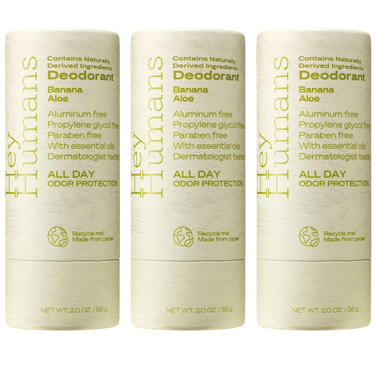 Hey Humans Deodorant, Aluminum Free Deodorant for Women and Men, Contains Naturally Derived Ingredients, All Day Odor Control, Refreshing Essential Oils, Earth Friendly Package, Banana Aloe
