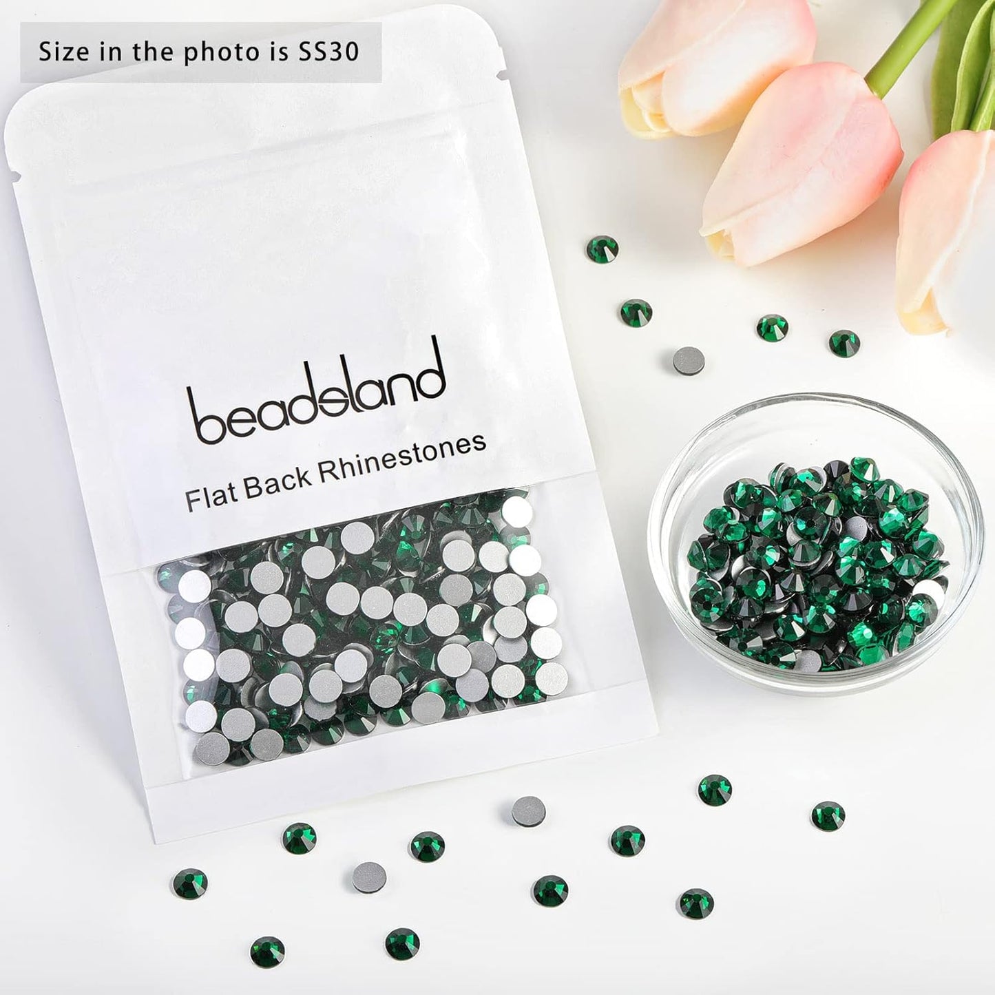 beadsland Flat Back Crystal Rhinestones Round Gems, Emerald (6.4-6.6mm) SS30/288pcs