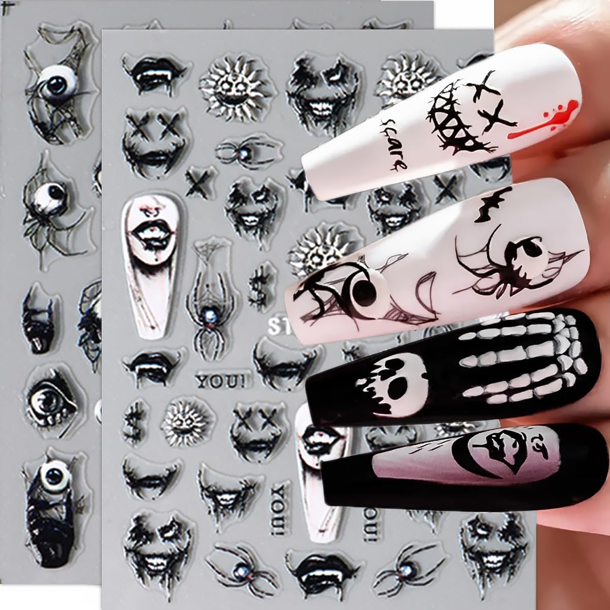 8 Sheets Halloween Nail Art Stickers Goth Ghost Nail Decals 3D Self-Adhesive Skeleton Skull Spider Nail Stickers 5D Black Wing Nail Supplies Halloween Nail Design Stickers for DIY French Manicure