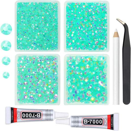 Aquamarine Green AB Resin Rhinestones w B7000 Jewelry Glue for Bedazzling Crafting 3mm-6mm Flatback Jelly Stones Bulk Diamonds for Nails Face Makeup Tumblers Bottles Crafts Clothes Shoes Phones