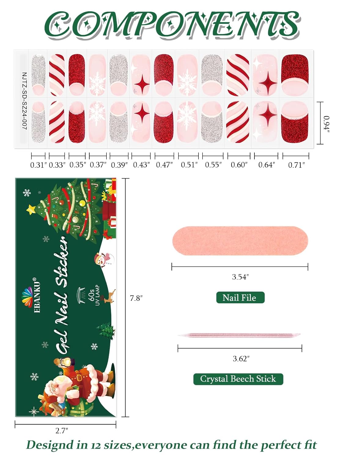 EBANKU 24PCS Christmas Semi-Cured Gel Nail Strips, French Glitter Adhesive Gel Nail Art Sticker, Waterproof Gel Nail Wrap Stickers with Nail File and Stick（UV/LED Lamp Required）