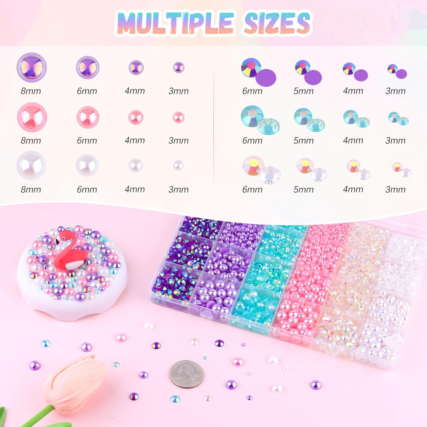 9000Pcs Flatback Pearls and Rhinestones for Crafting, Pink Purple White Mixed Size 3-8mm Resin Rhinestones and Half Pearls for Bedazzling, Nail Art with Tweezers and Pickup Pencil