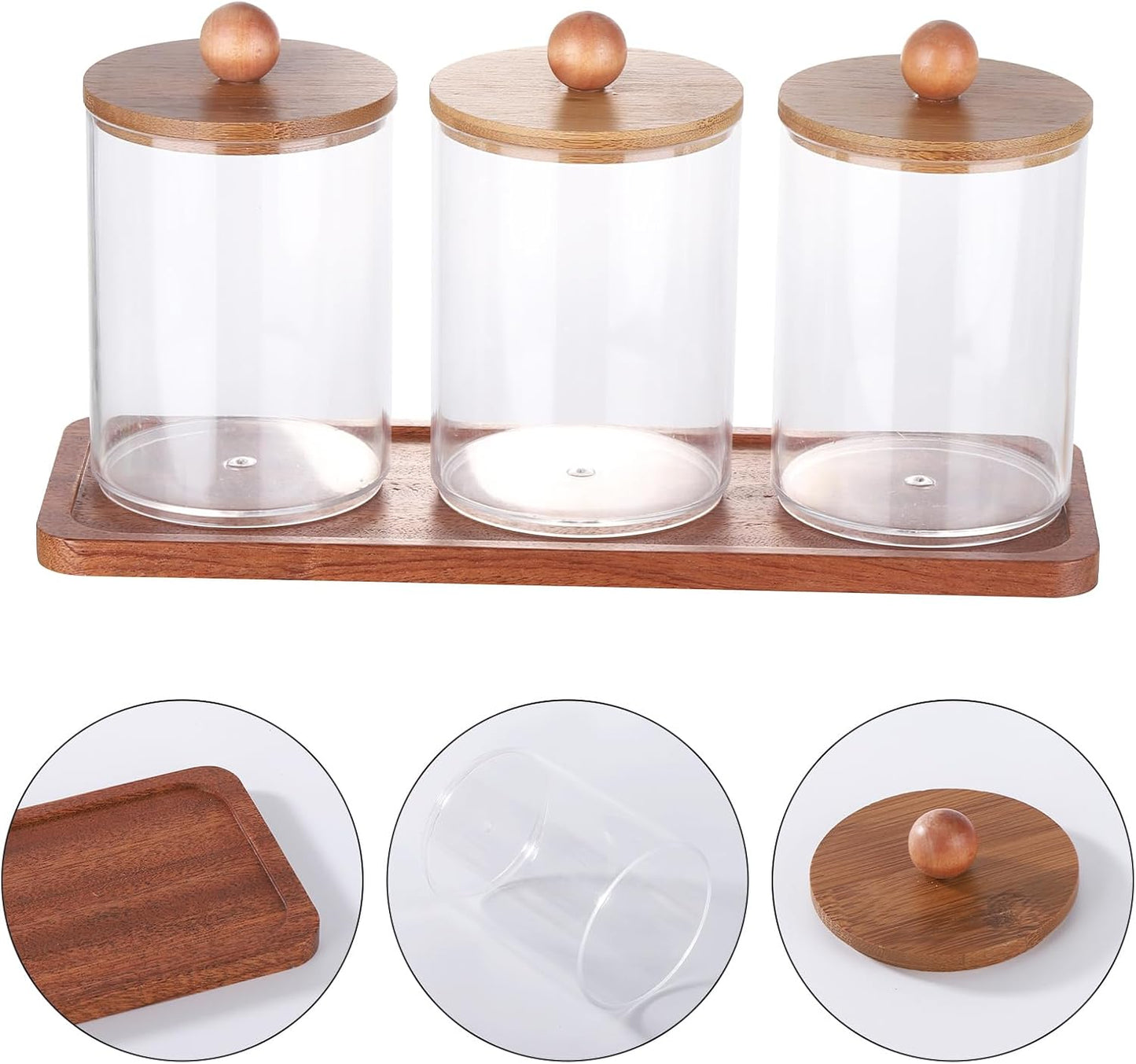Tbestmax Qtip Holder with Vanity Tray, Clear Bathroom Containers Dispenser for Storage Cotton Swab/Ball/Pad Holder Wood Lids