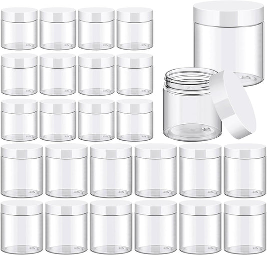 TUZAZO 24 Pack Plastic Jars with White Lids and Labels, 12pcs 8 OZ and 12pcs 4 OZ Round Clear Cosmetic Containers for Body Butter, Body Scrub, Cream, Lotion, Slime Jar, Small Items, Travel Storage