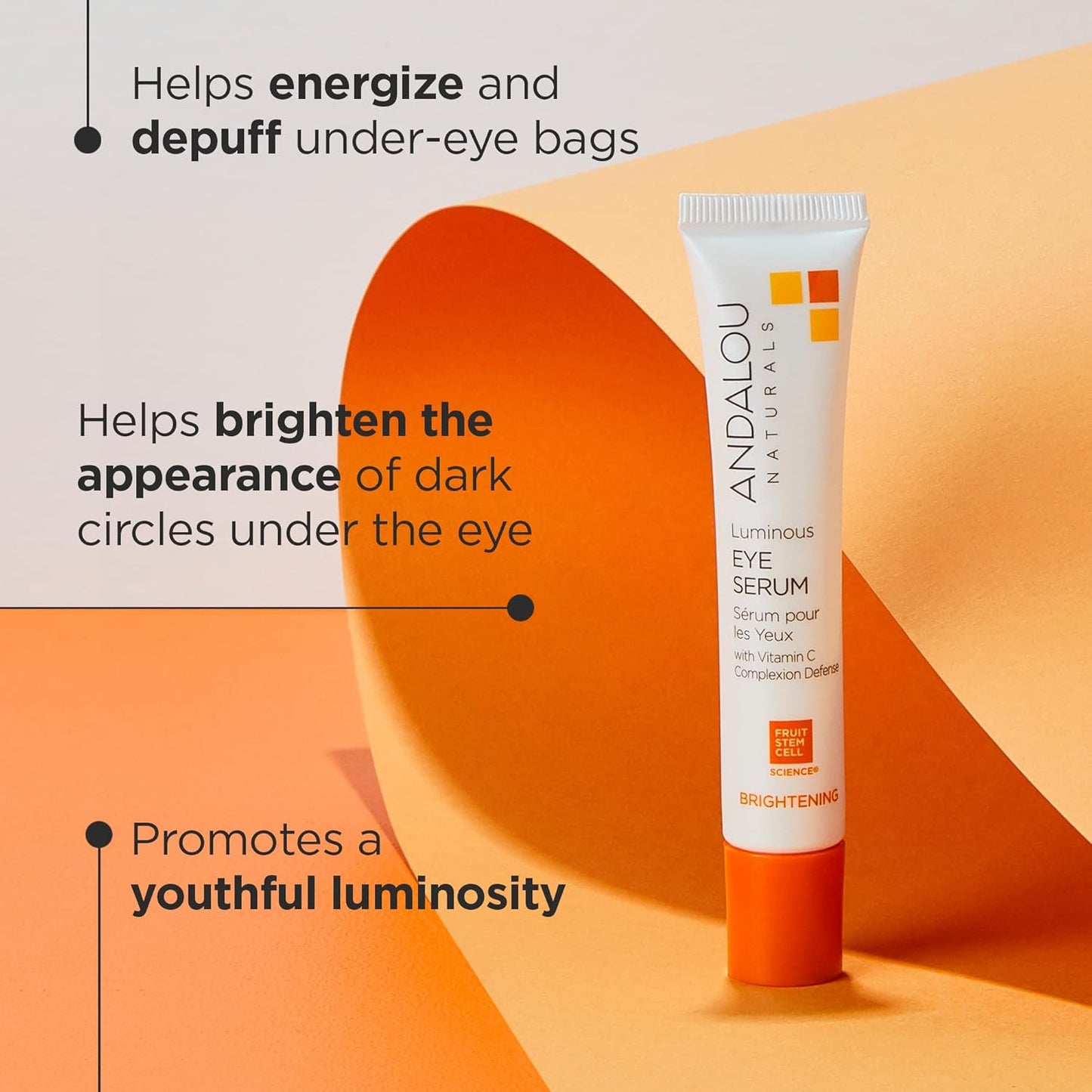Andalou Naturals Luminous Eye Serum, Brightening Eye Cream for Dark Circles and Puffiness, Vitamin C, Caffeine & Goji Glycopeptides for a Lighter, Tighter, Brighter Appearance, 0.6 Ounce