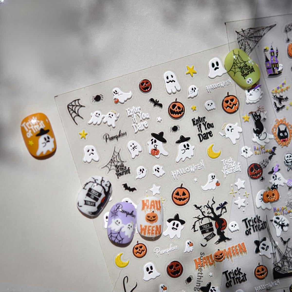 5D Embossed Halloween Nail Stickers Cute Ghost Pumpkin Self-Adhesive Nail Art Pegatinas Uñas with Spider Web Designs Halloween Nails Decals DIY Manicure Supplies for Women Nails Art Decoration 1Sheet