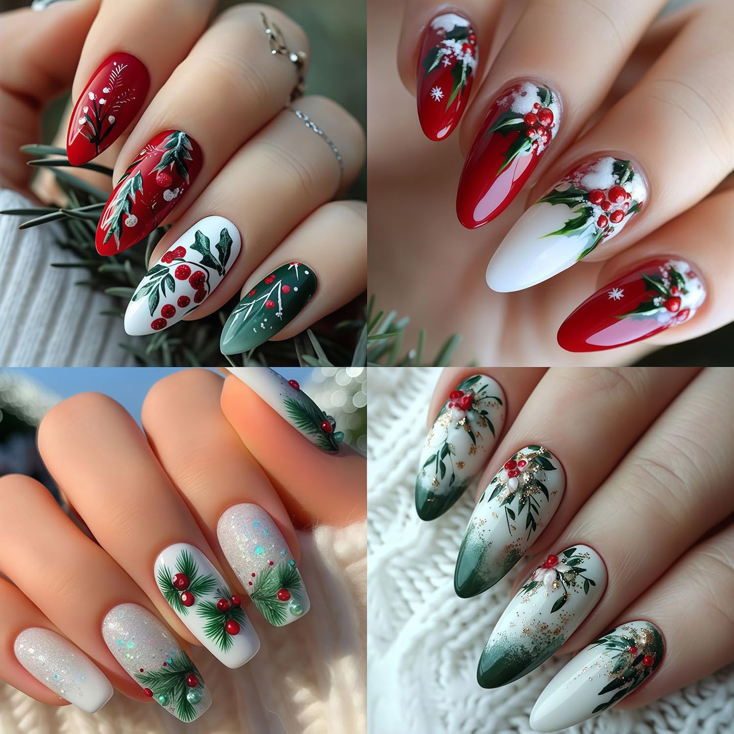 8 Sheets Christmas Nail Stickers for Nail Art, Christmas Holiday Holly Leaves Nail Decals Design 3D Self-Adhesive Winter Leaves Nail Art Stickers Supplies for Women Holiday DIY Manicure Decoration