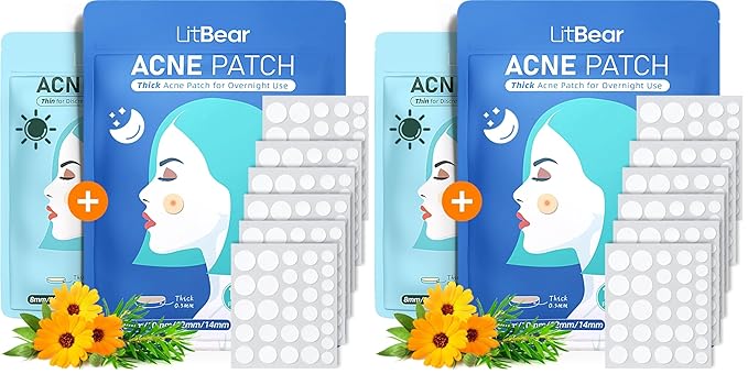 LitBear Acne Pimple Patches- Day and Night 4 Sizes 180 Dots Thin & Thick Hydrocolloid Patches with Witch Hazel, Tea Tree & Calendula Oil, Extra Adhesion for Face Zit Patch Dots (Pack of 2)