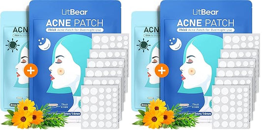 LitBear Acne Pimple Patches- Day and Night 4 Sizes 180 Dots Thin & Thick Hydrocolloid Patches with Witch Hazel, Tea Tree & Calendula Oil, Extra Adhesion for Face Zit Patch Dots (Pack of 2)